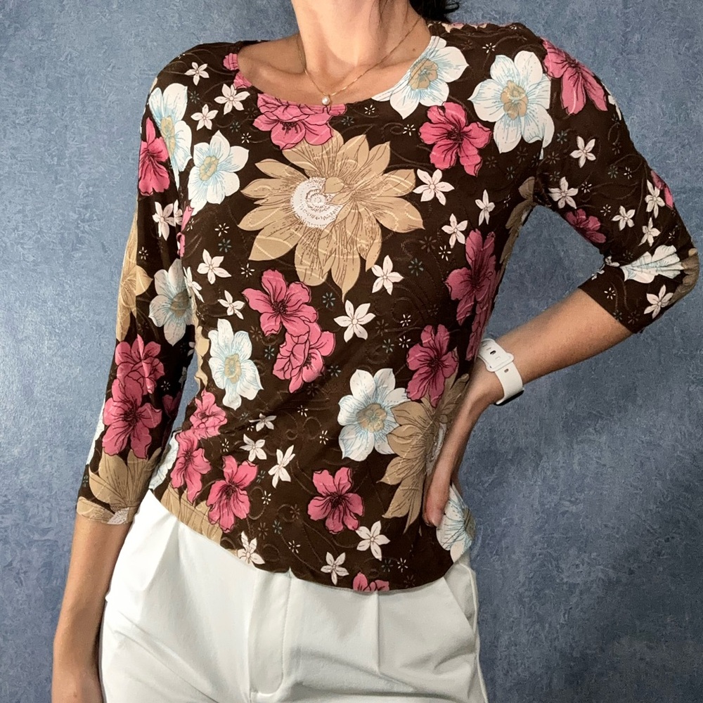 Brittany Black Floral Blouse in Brown, Pink, and White
